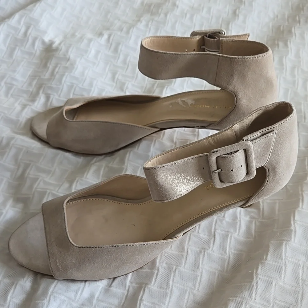 Pelle Moda Cream Shiny Kitten Heels Ankle Strap Elegant Special Occasions Heels
